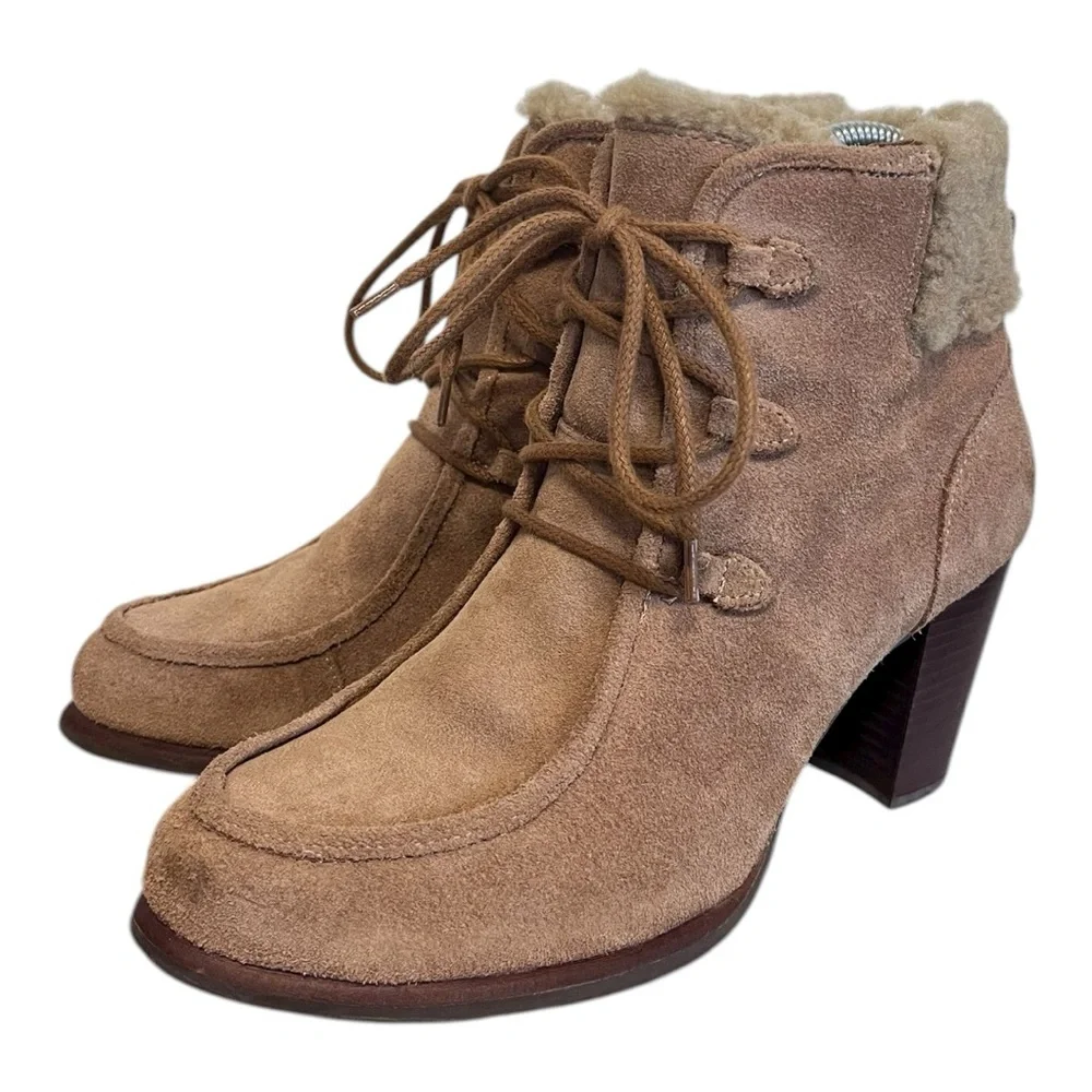 UGG | ANALISE CHESTNUT SUEDE SHEEPSKIN HIGH HEEL ANKLE BOOTS US 8 Vintage Winter